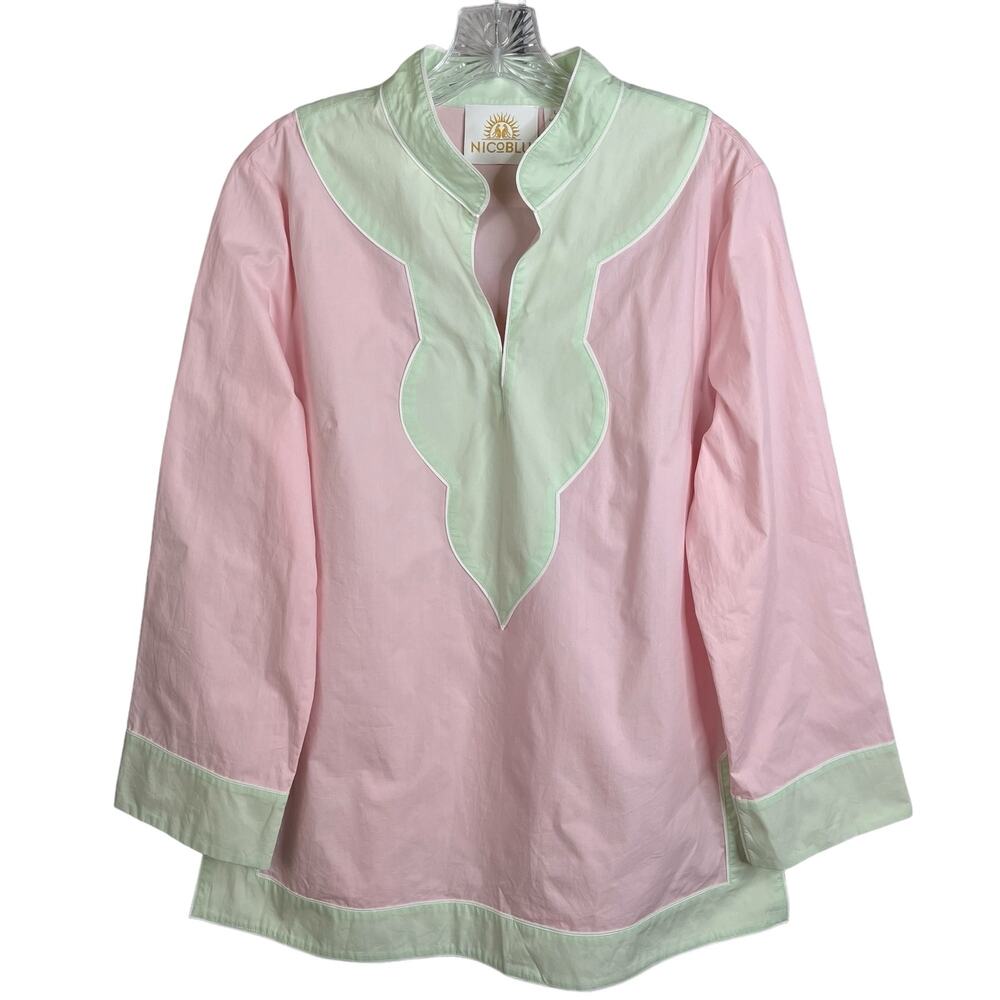 NICOBLU Green Pink Long sleeve Collared Tunic Top Large